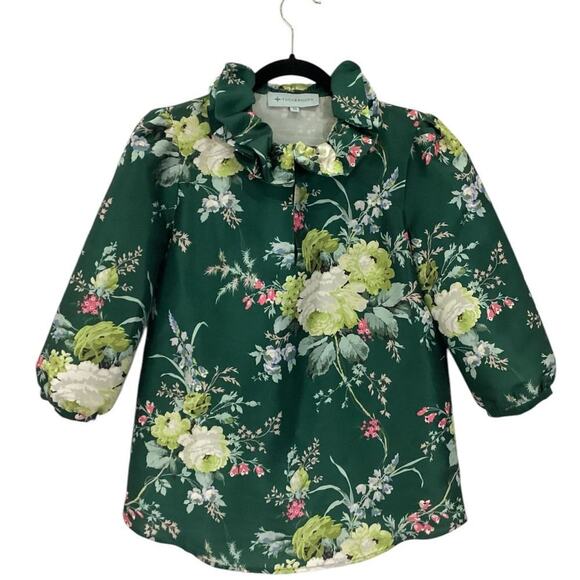 Tuckernuck Bouvier Blouse Green Floral Ruffle Collar Blouson Sleeves Size XS - Picture 2 of 12